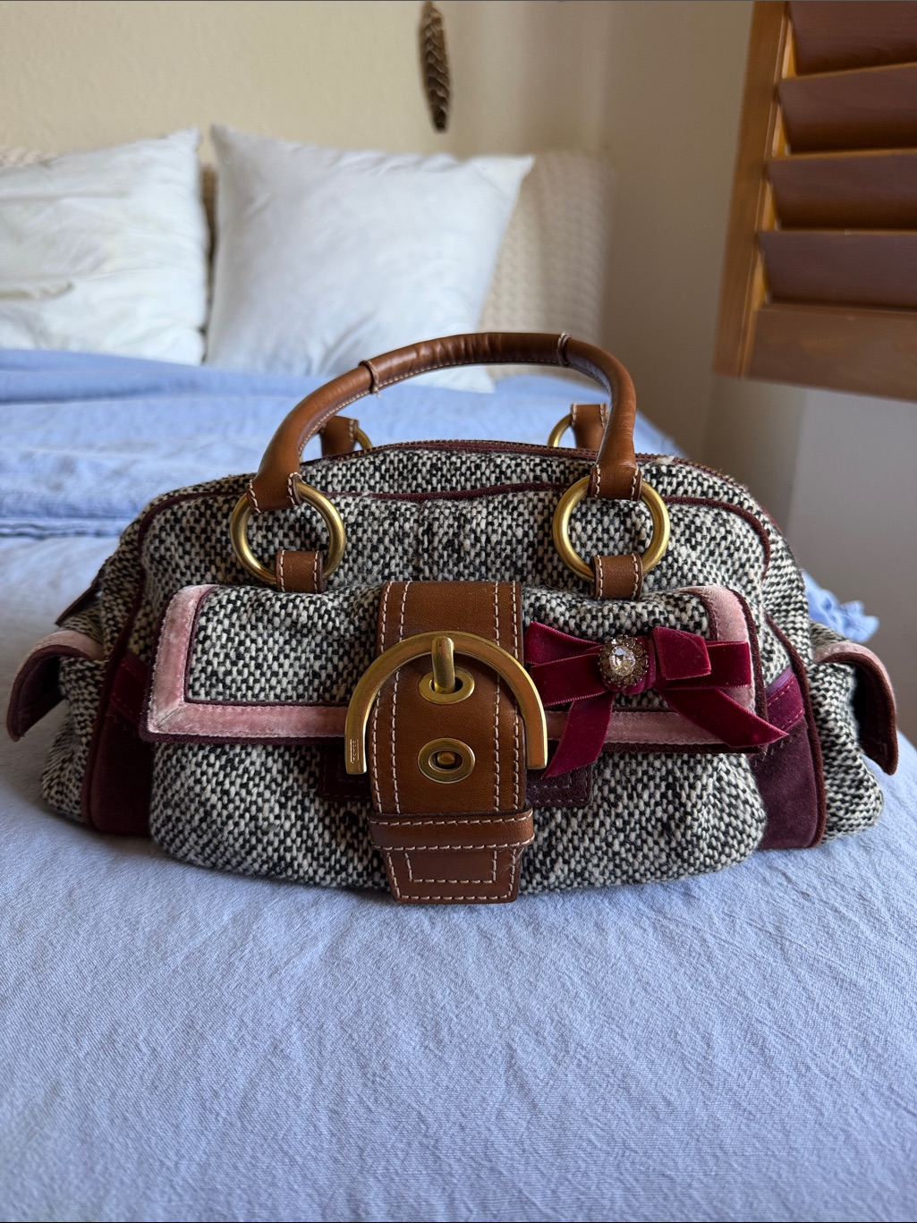 Coach Tweed And Leather Accent Satchel In Brown And Burgundy-Vintage